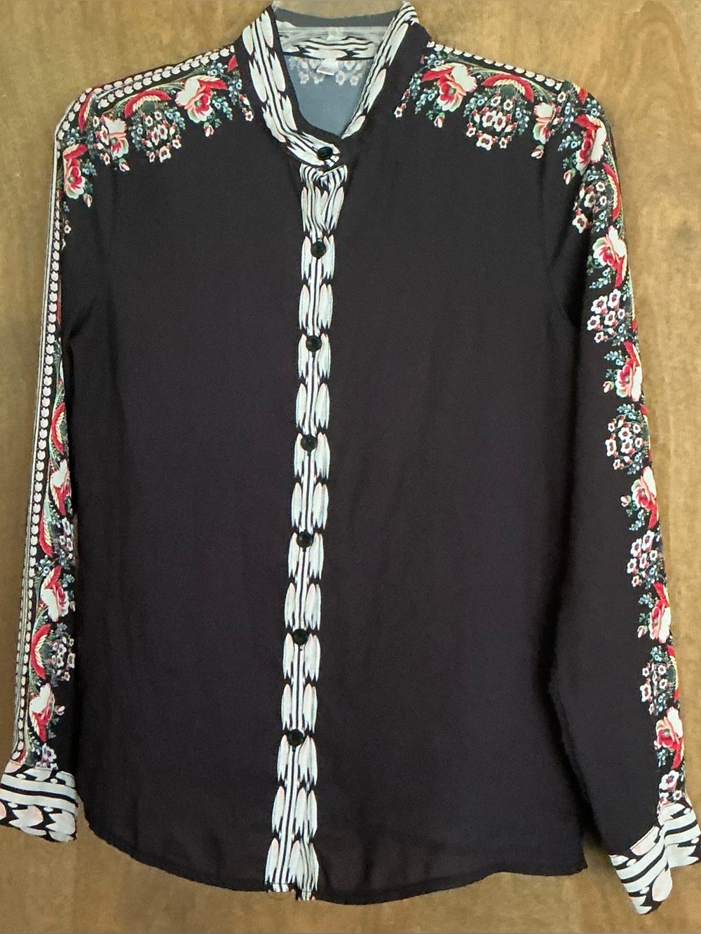 Johnny Was Calme Silk Blouse Black Patchwork Floral Sleeve Button Down Top 8